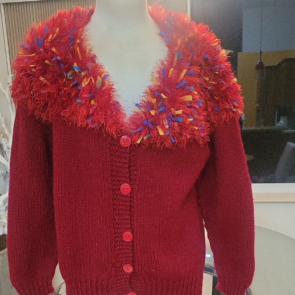 Vibrant Red Women's Cardigan with Fuzzy Collar